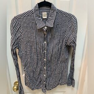 J Crew Navy Blue Seersuckered Gingham Long-sleeved Perfect Shirt size 6